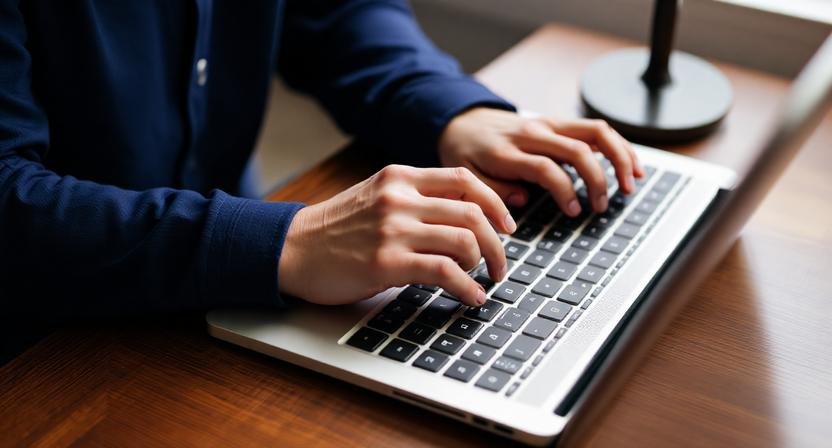Person working on a laptop doing online form filling job without investment and earning daily payment from home