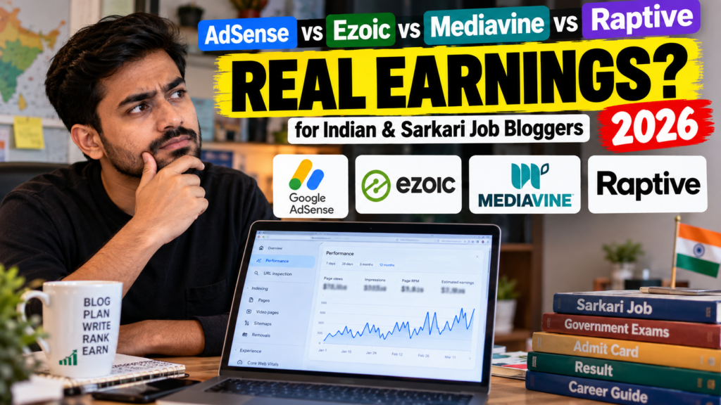 AdSense vs Ezoic vs Mediavine vs Raptive 2026 – Real Earnings Comparison for Indian & Sarkari Job Bloggers 1 adsense vs ezoic vs mediavine vs raptive 2026