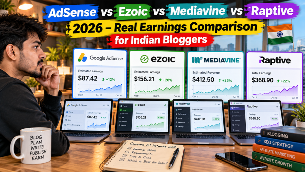 AdSense vs Ezoic vs Mediavine vs Raptive 2026 – Real Earnings Comparison for Indian Bloggers 1 AdSense vs Ezoic vs Mediavine vs Raptive