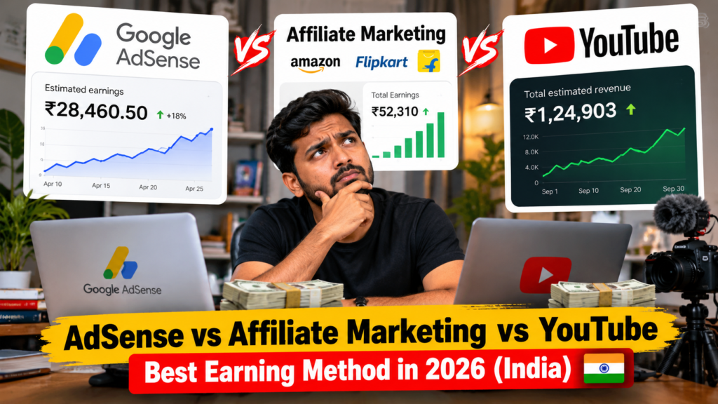 AdSense vs Affiliate Marketing vs YouTube – Best Earning Method in 2026 (India) 1 AdSense vs Affiliate Marketing vs YouTube